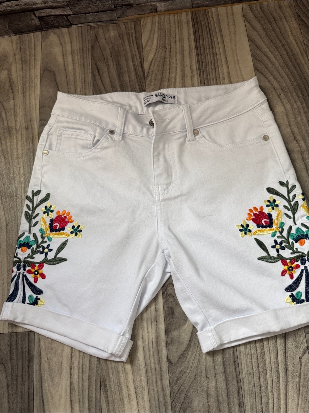 Anthropologie Style White Denim Shorts with Colorful Floral Embroidery